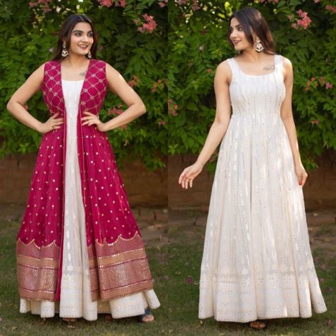 Wedding Anarkali Dress Indian Bridal, Saree To Dress Stitching Ideas, Traditional Gown From Saree, One Piece Dress With Jacket, Salvar Kurti Indian Fashion, Saree Dress Gowns Ideas, Sleeveless Anarkali Dress, Simple Choli, Flair Gown