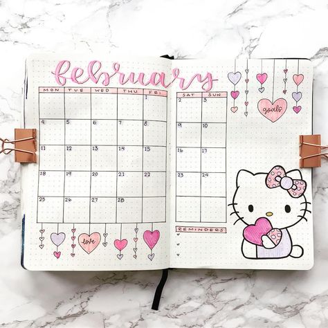 Lina - Bujo - Planning on Instagram: “Here’s my Hello Kitty themed monthly spread! . . . Materials: tombow dual brush pens, crayola super tips, gelly roll pens, & Sakura pigma…” Hello Kitty Journal Ideas, Hello Kitty Doodles, Sanrio Journal, Monthly Journal Ideas, Hello Kitty Journal, Bujo Monthly Spread, Gelly Roll Pens, Super Tips, February Bullet Journal