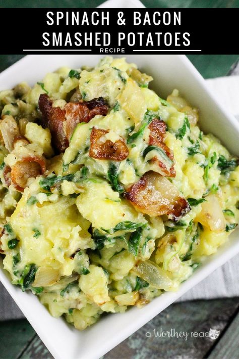 Recipes For Easter, Spinach And Bacon, Smashed Potatoes Recipe, Meat Dinners, Smashed Potatoes, Potato Recipe, Vegetarian Recipes Easy, Thanksgiving Side Dishes, Potato Dishes