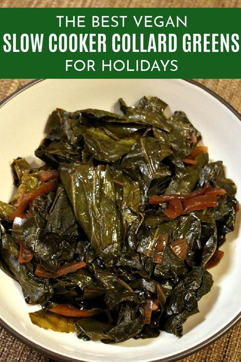 This vegan recipe shows you how to make healthy, Southern-style collard greens in a slow cooker—no meat, oil, or gluten needed. These smoky Crock Pot collard greens are flavorful and perfect for comfort food dinners or special occasions like Thanksgiving. Slow Cooker Greens Collard, Collard Greens No Meat Recipe, Greens Crockpot Recipe, Collard Greens With No Meat, Vegan Collards Recipes, Vegan Collard Greens Recipe Southern, Collard Greens Recipe No Meat, Vegan Southern Collard Greens, Collard Greens Crock Pot Southern Style