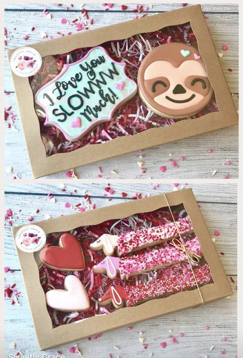 Valentine Cookie Sets Royal Icing, Valentine Day Cookies Decorated, Royal Icing Cookie Packaging Ideas, Valentine Cookie Boxes, Valentines Day Cookie Boxes, Valentines Iced Cookies, Valentines Day Sugar Cookies Decorated, Sugar Cookie Packaging Ideas, Sugar Cookie Packaging