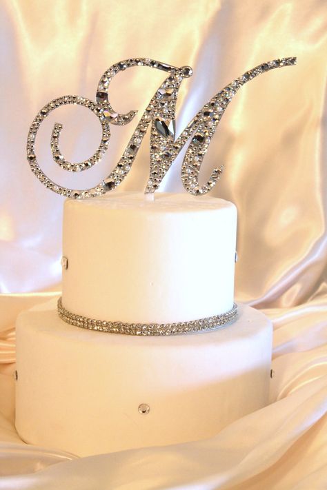 Elegant & Simple Cake Wedding Cake Simple Elegant, Cake Topper Wedding Monogram, Monogram Wedding Cake, Wedding Cakes Elegant, Custom Wedding Monogram, Monogram Cake Toppers, Bling Ideas, Monogram Cake, Gold Cake Topper