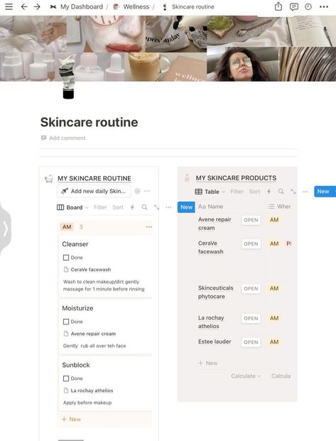 aesthetic notion template Avene Repair Cream, Notion Skincare, Self Care Template, Aesthetic Dashboard, Skincare Tracker, Beauty Planner, Learning Template, Notion Inspo, Notion Aesthetic