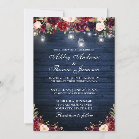 Jar Lights Wedding, Rustic Wood Wedding Invitations, Rustic Wedding Blue, Wood Lights, Wood Wedding Invitations, Rustic Winter Wedding, Navy Blue Wedding Invitations, Burgundy Wedding Invitations, String Lights Wedding