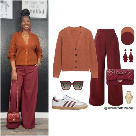 Burgundy Trousers - 10 Outfit Ideas 🐙 Here are 10 more colors that pair well with burgundy! Which is your favorite? As fall approaches it’s time to break out our sweaters. Instead of just pairing them with jeans, here’s a reminder that wide leg trousers are a more elevated option but just as comfortable! So for an elevated casual look, try pairing your sweaters with your trousers! You can still wear your sneakers with them! 😉 So save this post for style inspiration and look in your closet to... Wine Pants, Burgundy Trousers, Cute Professional Outfits, Wide Leg Pants Outfit, Burgundy Outfit, Color Combos Outfit, Elevated Casual, Latest African Fashion Dresses, Everyday Outfit