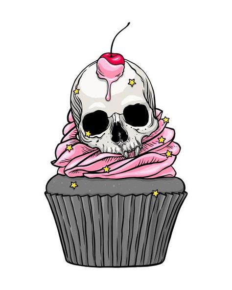 Skull Cupcakes, Cupcake Tattoos, Pastel Goth Art, Cupcake Drawing, Arte Doodle, Pink Skull, Desenho Tattoo, Goth Art, Theme Halloween