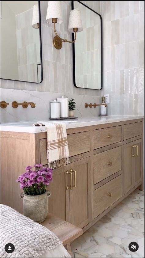 Light Neutral Bathroom, Tile Above Bathroom Vanity, Ceramic Tile Showers Walk In, Organic Modern Master Bath, Tile Behind Bathroom Vanity, Airy Bathroom Ideas, Creamy Bathroom, Neutral Kids Bathroom Ideas, Bathroom Trends For 2024