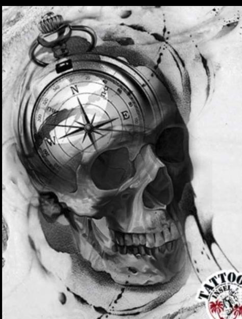 Skull With Compass Tattoo, Skull And Compass Tattoo Design, Compass And Skull Tattoo, Compass Skull Tattoo, Tatoo 3d, Skull Rose Tattoos, Anker Tattoo, Tattoo Artwork, Arm Band Tattoo