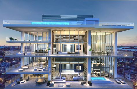 Miami Beach Penthouse, Penthouse With Pool, Penthouse Luxury, Exterior Facade, Apartment Exterior, Beach House Living Room, Beach Penthouse, Luxury Penthouse, Luxury Amenities