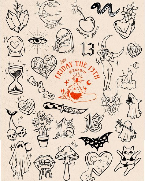 FRIDAY THE 13TH FLASH TATTOOS DESIGN DROP 🕸️🔮 Get ready for a day of discounted ink from your favorite artists and people! New friends and returning friends, gear up for appearances from @smoking.lotus, Lolo’s Pincho’s food truck and more! Zx3 Ink wanted to give the treat of dropping the flash early this year for all of you to pick out what you’re getting the day of! Prices range from $45+ 🤯 Get here early! Doors open at 11 am right here @zx3artistry! Cut off to get in the queue is 5 pm o... Scream Phone Tattoo, Fall Flash Sheet, Halloween Flash Tattoo Ideas, Flash Tattoo Halloween, Cute Spooky Flash Tattoo, Spooky Flash, Spooky Season Tattoo Flash, Flash Tattoo Designs Friday The 13th, Witchy Flash Tattoo