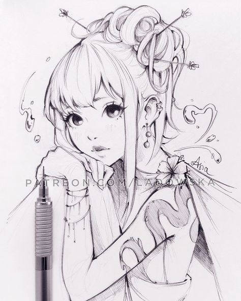 Ladowska Art, Asia Ladowska, Pencil Drawing, A Girl, Pencil, Flowers, Hair, Anime, Art