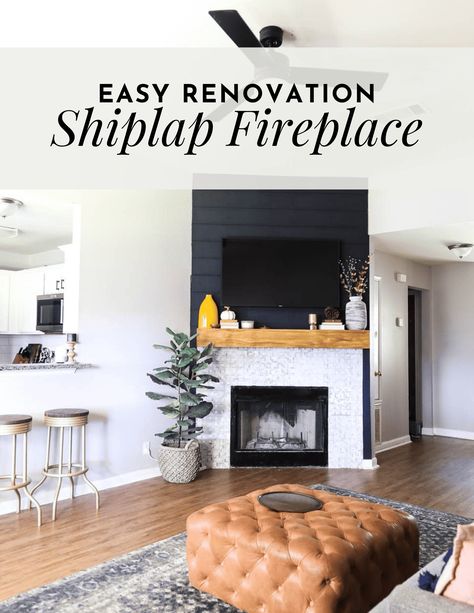 How to create a beautiful black shiplap fireplace wall Diy Black Shiplap Fireplace, Black Shiplap Fireplace Wall, Black Shiplap Fireplace, Shiplap Fireplace Wall, Black Shiplap Wall, Farmhouse Fireplace Ideas, Diy Shiplap Fireplace, Black Shiplap, Easy Renovations