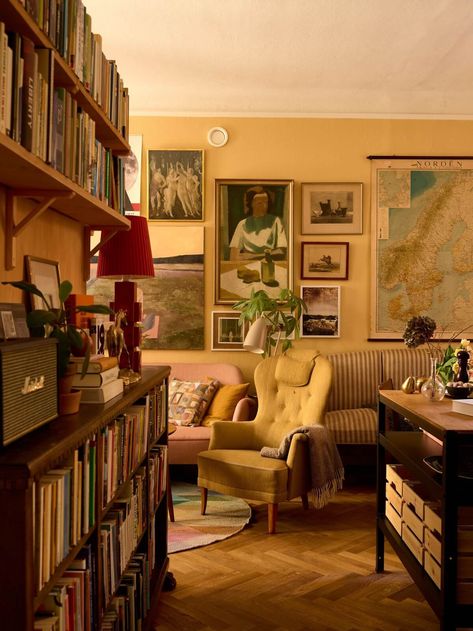 A Small Vintage Apartment with Warm Yellow Walls - The Nordroom Aesthetic Room With Yellow Walls, Ocher Walls Living Room, Vintage Small Apartment, Yellow Apartment Decor, Small Living Room Paint Color Ideas, Cozy Living Rooms Apartment Small Spaces, Yellow Sofa Living Room, Yellow Living Room Decor, Places Reference