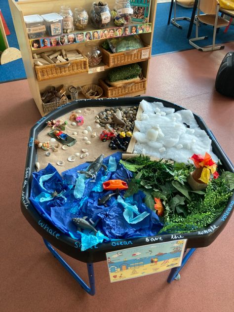 Earth Tuff Tray Ideas, Tuff Tray Book Ideas, Eyfs Seaside Topic, Animal Eyfs Activities, Under The Sea Tuff Tray Ideas Eyfs, Seaside Tuff Tray Eyfs, World Book Day Tuff Tray, Book Themed Tuff Tray, The Snail And The Whale Activities Eyfs