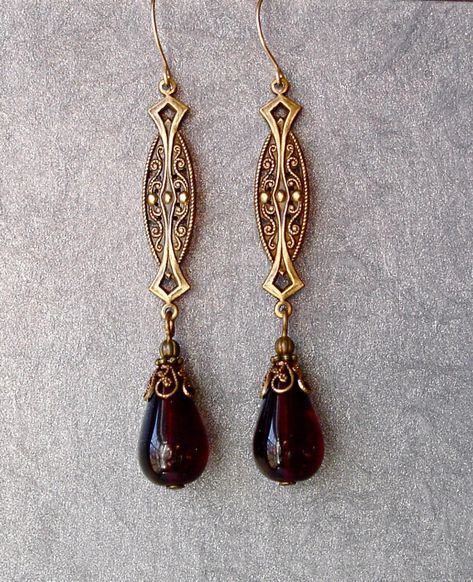 Vintage Edwardian Victorian style Golden Art Nouveau Victorian Earrings ~ ✥ Perfect for Valentines Day, a Winter wedding, birthday, or anniversary ✥ ~ ✥✥✥✥✥✥✥✥✥✥✥✥✥✥✥✥✥✥✥✥✥✥✥✥✥✥✥✥✥✥✥✥✥✥✥✥✥✥✥✥✥ ✥✥ Garnet color is currently out of stock, but I am searching for supplies. Other colors Wedding January, Garnet Color, Golden Art, Vintage Wedding Jewelry, Victorian Earrings, January Birthday, Edwardian Art, Romantic Gifts For Her, Garnet Red