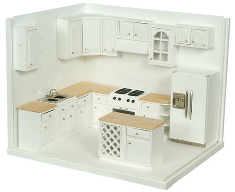 Love this!! Contemporary Kitchen White, How To Make Kitchen Cabinets, White Kitchen Set, Cabinet Island, Kitchen Set Cabinet, Dollhouse Design, Dollhouse Miniatures Kitchen, Diy Barbie Furniture, Mini Doll House