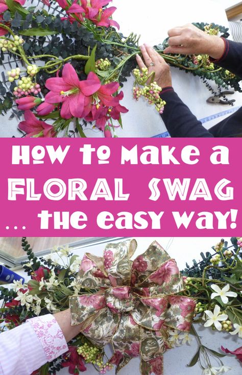 Floral Swag Flower Swags Diy How To Make, How To Make A Floral Swag For A Wedding, Swag Floral Arrangements, How To Make A Corner Floral Swag, Diy Floral Swag For Wedding Sign, Spring Swag Wreath, How To Make A Door Swag Tutorials, Sunflower Swag Diy, How To Make Swags