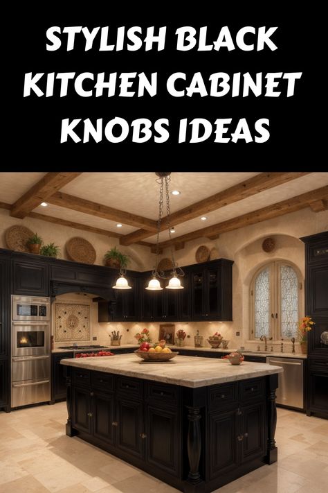 Stylish black kitchen with black cabinets and island, featuring modern stainless steel appliances and decorative cabinet knobs. Small Kitchens With Black Cabinets, Black Kitchen Cabinets Ideas, Black Handles Kitchen, Black Lower Cabinets, Black Cabinetry, Black Kitchen Handles, Cabinet Inspiration, Lower Cabinets, Natural Stone Countertops