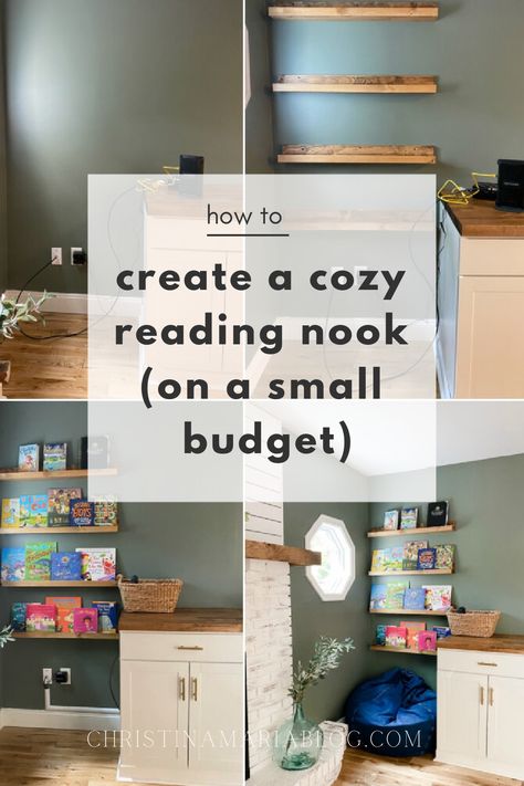 It's SO simple to make this cozy reading nook in any room. And the best part? It will not break your budget! Here's a project anyone can do! Diy Built In Desk, Small House Furniture, Cozy Reading Corner, Big Blank Wall, Open Bookshelves, Cozy Reading Corners, Renovation Inspiration, Homeschool Room, Shelving Ideas