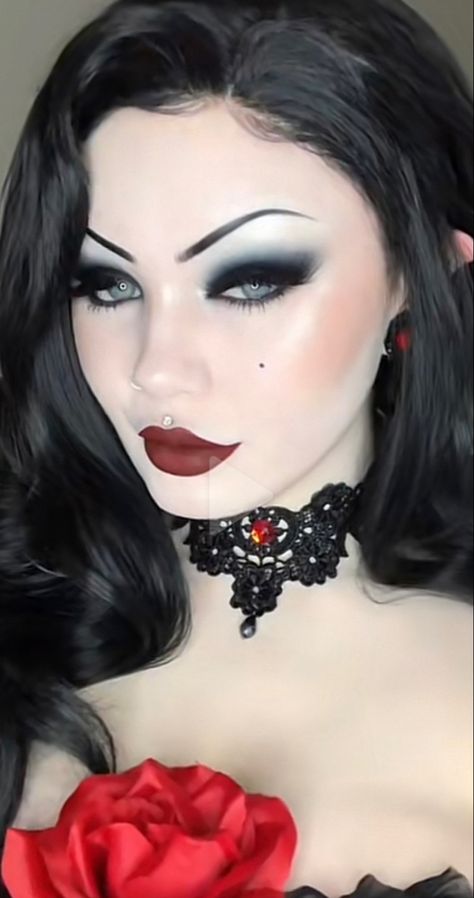 Casino Royale Makeup, Gothic Victorian Makeup, Goth Makeup Wedding, Victorian Goth Hair, Short Vampire Hair, Vampy Bridal Makeup, Victorian Makeup Gothic, Gothic Bride Makeup, Gothic Bridal Makeup