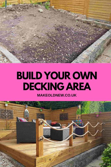 Build your own Decking Area, How to build decking area, Build decking yourself, Step by Step garden decking, DIY garden decking, Build your own Garden seating project Decking For Small Gardens, Garden Design Decking, Small Decking Ideas, Raised Decking Ideas Garden, Decking Alternative, Small Garden Decking, Small Square Garden Ideas, Decking Ideas Garden, Deck Alternatives