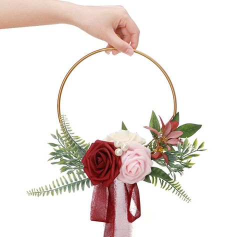 High Quality Material: Our bridal bouquet is made of PE (polyethylene), ribbon, reliable quality, it is long lasting and can keep longer than flowers. Diy Wedding Wreath, Bridesmaid Wreath, Hoop Bouquet, Rose Bridesmaid Bouquet, Bouquet Ring, Boda Diy, Red Bouquet, Artificial Flowers Wedding, Home Wedding Decorations