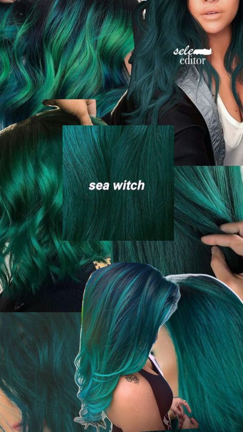 Sea Witch Green Hair, Mardi Gras Hair Color, Black N Green Hair, Emerald Green Split Dye, Sea Witch Hair Color, Two Tone Green Hair, Green To Blue Hair, Blueish Green Hair, Dark Green And Purple Hair