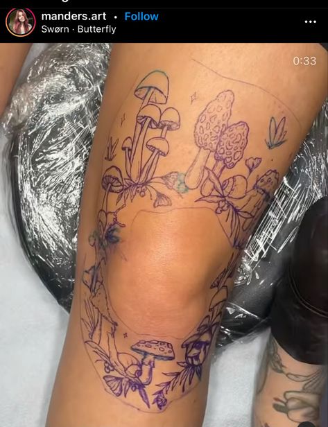 Fairy Ring Around Knee Tattoo, Mushroom Knee Tattoo Design, Fairy Ring Mushrooms Tattoo, Knee Ring Tattoo, Fairy Knee Tattoo, Mushroom Fairy Ring Tattoo, Fairy Ring Knee Tattoo, Earthy Sleeve Tattoo, Fairy Thigh Tattoo