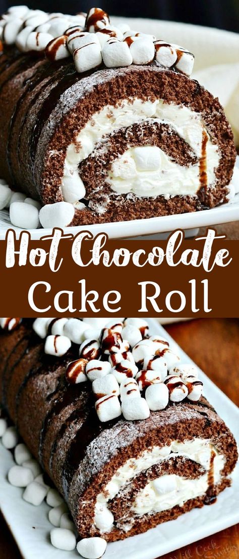 Hot Chocolate Cake Roll, Hot Cocoa Cake, Chocolate Cake Roll, Hot Chocolate Cake, Marshmallow Filling, Chocolate Roll Cake, Cocoa Cake, Cake Rolls, Baking Cocoa