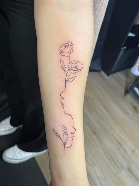 Flower Stem Profile Tattoo, Flower Profile Tattoo, Flower Side Profile Tattoo, Baby Profile And Birth Flower Tattoo, Side Profile With Flowers Tattoo, Infant Profile Tattoo, Birth Flower With Face Profile Tattoo, Birth Flower Tattoo With Side Profile, Infant Side Profile Tattoo