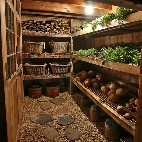 Explore this enchanting root cellar featuring rustic wooden shelves brimming with baskets of potatoes and vegetables. Pebbled floors enhance the old-world charm, while green plants on the upper shelves add a touch of life. The space is designed with a Scandinavian aesthetic, illuminated by natural lighting, creating a cozy and warm ambiance perfect for storage and winter contemplation. A small door connects this underground sanctuary to the outside, integrating nature and rustic elegance. Underground Storage Ideas, Outdoor Canning Area, Workshop Kitchen Design, Root Cellar Shelving, In Ground Root Cellar, Root Vegetable Storage Kitchen, Underground Cellar Food Storage, Diy Food Cellar, Walk In Cooler Ideas