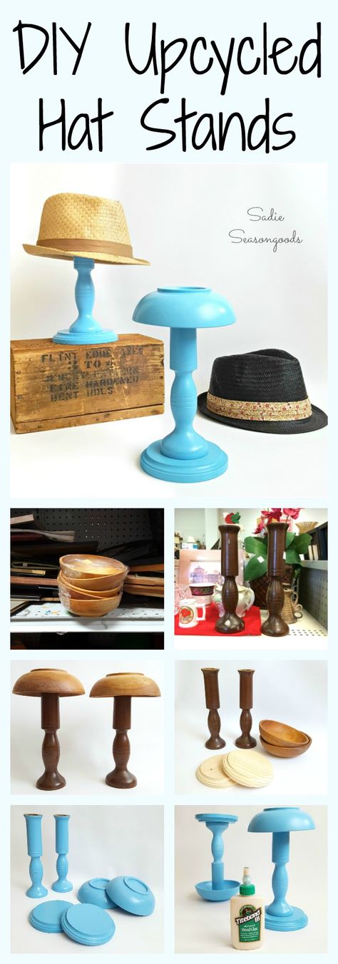 Diy Hat Stand, Wooden Candlesticks, Thrift Store Makeover, Wooden Salad Bowl, Hat Stand, Craft Fair Displays, Hat Holder, Hat Display, Thrift Store Crafts