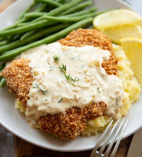 Pork Schnitzels with Lemon Thyme Sauce Tray Bake Dinner, Pork Snitzel, Roasted Chicken Leg Quarters, Pork Schnitzel Recipe, Thyme Sauce, Schnitzel Recipe, German Food Authentic, Schnitzel Recipes, Pork Schnitzel