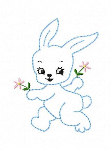 "BABY BUNNY Machine Embroidery Design (You must have an embroidery machine to stitch this design) 4\" X 4\" HOOP This design is adapted from a vintage embroidery pattern and digitized for machine embroidery in color backstitch. Combine this design with mty other Baby Animal designs to create your own quilt blocks, bibs and more. They will be sure to become a treasured heirloom. PLEASE NOTE: You are purchasing the Bunny design only. The last picture is a sample of the coordinating designs available in my store. Customer Comments  \"I bought your first set of baby Animals a while back and love the way they stitch out! Thanks\" N  These are high quality, affordable machine embroidery designs. All of my designs are manually punched by me. I don't use automatic digitizing software and take grea Running Stitch Embroidery Design Ideas, Simple Flower Embroidery Designs, Back Stitch Embroidery, Eid Photos, Flower Pattern Drawing, Aari Design, Embroidery Designs Baby, Sewing Collars, Simple Hand Embroidery Patterns