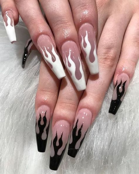 Black Acrylic Nail Designs, Black And White Nail, Black And White Nail Art, Black And White Nails, Hippie Nails, Punk Nails, Grunge Nails, Simple Acrylic Nails, White Nail Art