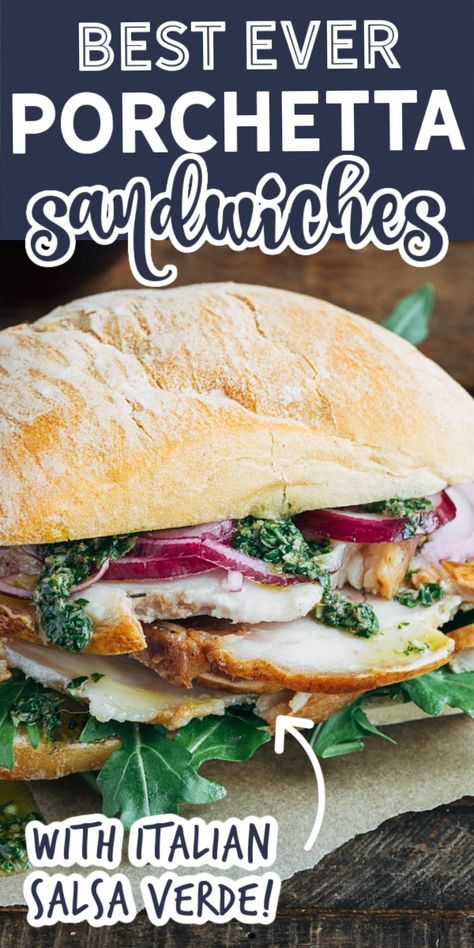 Thinly-sliced, slow roasted pork meets fresh salsa verde and pickled onions for the best Porchetta Sandwich you'll ever eat! This recipe is great for a post-holiday lunch, or for Game Day! #porkrecipes #sandwiches #italianfood Porchetta Sandwich, Italian Salsa, Italian Sandwich Recipes, Porchetta Recipes, Pork Sandwich Recipes, Roast Pork Sandwich, Gourmet Sandwiches, Deli Sandwiches, Roasted Pork