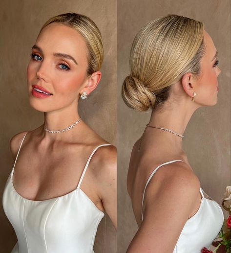 Wedding hair trends 2024 sleek and polished bridal hair Slicked Back Pony Wedding Hair, Bridal Hair For Big Forehead, Sophia Richie Wedding Hair, Sofia Richie Wedding Hair, Slicked Back Bun Wedding Hair, Sleek Bridal Hair Down, Wedding Hair 2024, Sleek Low Bun Wedding Hair, Sleek Bun Wedding Hair