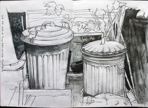 2 x Old Dustbins | Flickr - Photo Sharing! Dustbin Drawing, Rubbish Drawing, Bin Drawing, Trash Drawing, Garbage Dumpster, Urban Artwork, Systems Art, Design Art Drawing, Watercolor City