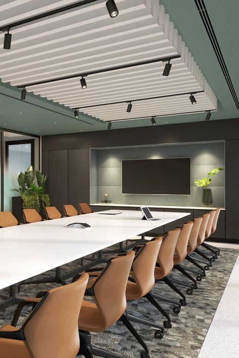 Meeting Room Design Creative, Meeting Room Design Office, Green Ceiling, Conference Room Design, Custom Interior Doors, Meeting Room Design, Office Interior Design Modern, Office Meeting Room, Modern Office Design