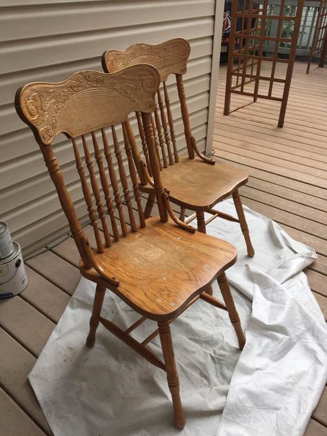 French Country Table and Chairs Blue And Yellow French Country Decor, Painted Pressed Back Chairs, French Country Table And Chairs, Wooden Chair Redo, French Country Dining Room Chairs, Pressed Back Chairs, Chair Upholstery Ideas, Oak Dining Table And Chairs, Chalk Paint Dining Table