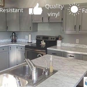 Ez Faux Decor White Gray Marble Kitchen Countertop Update - Etsy Peel And Stick Countertop, Grey Marble Kitchen, Countertop Covers, Covering Popcorn Ceiling, Kitchen Decor Grey, Marble Vinyl, Peel N Stick Backsplash, Granite Kitchen, Kitchen Marble