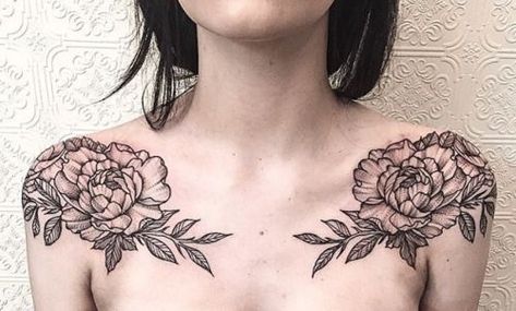 Let's be honest, a chest tattoo on a woman can be a very bold move. BUT tattoos can act like accessories so with a chest piece, you have a built in necklace. Peonies Collar Bone Tattoo, Peony Tattoo Collar Bone, Symmetrical Tattoo Collar Bone, Peony Collar Bone Tattoo, Symmetrical Side Tattoos, Symmetrical Collarbone Tattoo, Collar Bone Tattoo Cover Up, Collar Bone Shoulder Tattoo, Collar Bone Cover Up Tattoo