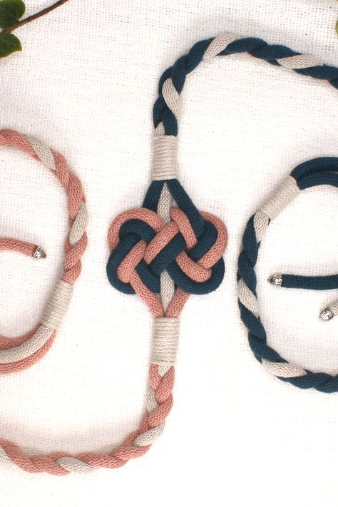 Handfasting Cord - Celtic Double Heart Knot in Natural Cotton - Peacock Blue, Dusty Pink and Taupe Celtic Knot Tying Ceremony, Celtic Marriage Knot, Crochet Handfasting Cord, Celtic Handfasting Cords Diy, How To Make Handfasting Cords, Diy Handfasting Cord How To Make, How To Make A Handfasting Cord, Handfasting Cords Diy How To Make, Diy Hand Fasting Cord