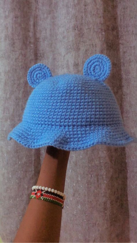 Cute aesthetic sky blue crochet bucket hat with little bear ears Blue Crochet Bucket Hat, Light Blue Crochet, Yarn Scraps, Crochet Bucket, Crochet Bucket Hat, Blue Crochet, Hat Ideas, Bear Ears, Crochet Bear