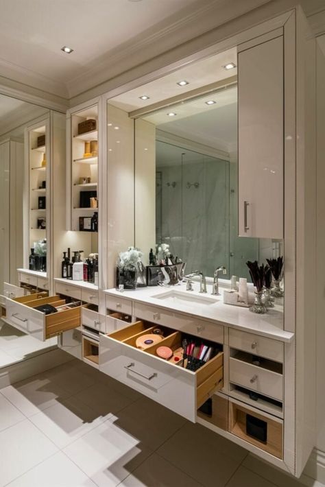 25 Bathroom Storage Ideas [Within Budget] – craftydiyers.com Primary Bathroom Double Vanity Ideas, Bathroom Custom Storage, Bathroom Cabinets Floor To Ceiling, Bathroom With Center Cabinet, Double Vanity Storage Ideas, 8 Ft Bathroom Vanity Ideas, Vanity Storage Ideas Bathroom, Large Bathroom Storage Ideas, Bathroom Design Storage