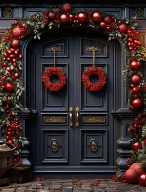 How to Deck the Front Door for the Holidays: A Dazzling Christmas Wreath Christmas Decorations For Garage Door, Front Porch Christmas Decor Double Doors, Christmas Door Step Decor, Outdoor Gate Christmas Decor, Exterior Christmas Wreaths On Windows, Christmas Door Decorations Outdoor, Christmas Garage Door Ideas, Christmas Garland Front Door, Christmas Front Door Ideas