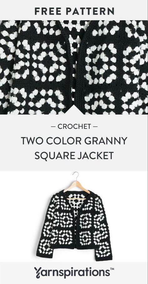 Crochet Granny Jacket, Patterned Granny Square, Black And White Granny Square Cardigan, Crochet Sweater Colorful, Crochet Tops Free Patterns Granny Square, Heart Sweater Crochet Pattern, Granny Square Black And White, Free Jacket Pattern, Granny Square Clothes Patterns