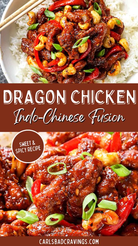 Enjoy the ultimate fusion food with our Dragon Chicken! This craveable favorite features crispy chicken strips and buttery cashews coated in a fiery, savory garlic chili sauce with a hint of sweetness. Every bite is an explosion of flavors; once you try this dish, you'll be hooked! Garlic Chili Sauce, Crispy Chicken Strips, Dragon Chicken, Diner Recipes, Easy Chinese Recipes, Chicken Strips, Fusion Food, Think Food, Chinese Cooking