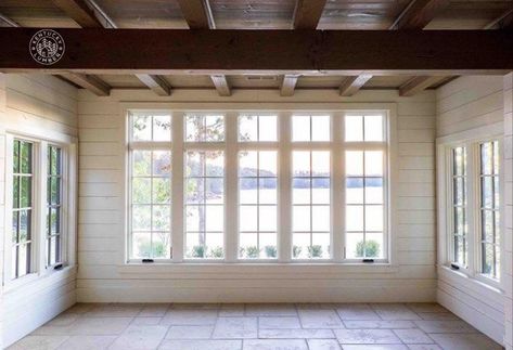 This bright sunroom, y'all!!!!! It's gorgeous! Empty rooms like these are so full of potential, and we love it! Shiplap finishing lumber is such a phenomenal blank slate! Shiplap Sunroom, Shiplap Projects, Pine Shiplap, Mother In Law Cottage, Cabin Room, Porch Interior, Shiplap Boards, Shiplap Wood, 4 Season Room