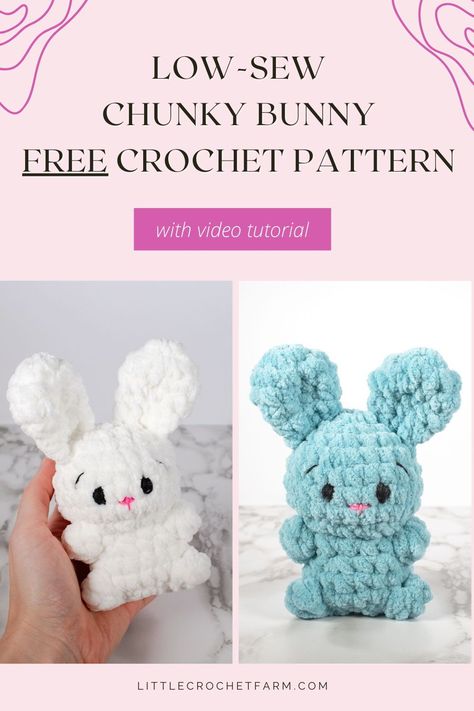 Crochet your own cuddly companion with this adorable amigurumi bunny! Made with soft chenille yarn, this stuffed bunny is as cozy as it is cute! Perfect for amigurumi beginners, a easy-to-follow video tutorial guides you through every stitch, so you can create your bunny buddy in no time! Visit the free written pattern and get crocheting this lovable little rabbit! Free Crochet Bunny, Easter Crochet Patterns Free, Crochet Farm, Crochet Stuffies, Fast Crochet, Easy Amigurumi, Bunny Amigurumi, Crochet Plushies, Crochet Bunny Pattern